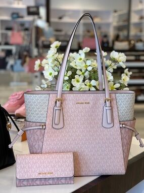 Michael Kors Pink Signature Tote with Trifold Wallet Set